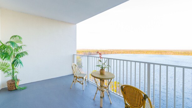 Een balkon met rieten meubilair, een potplant en uitzicht op een waterpartij.