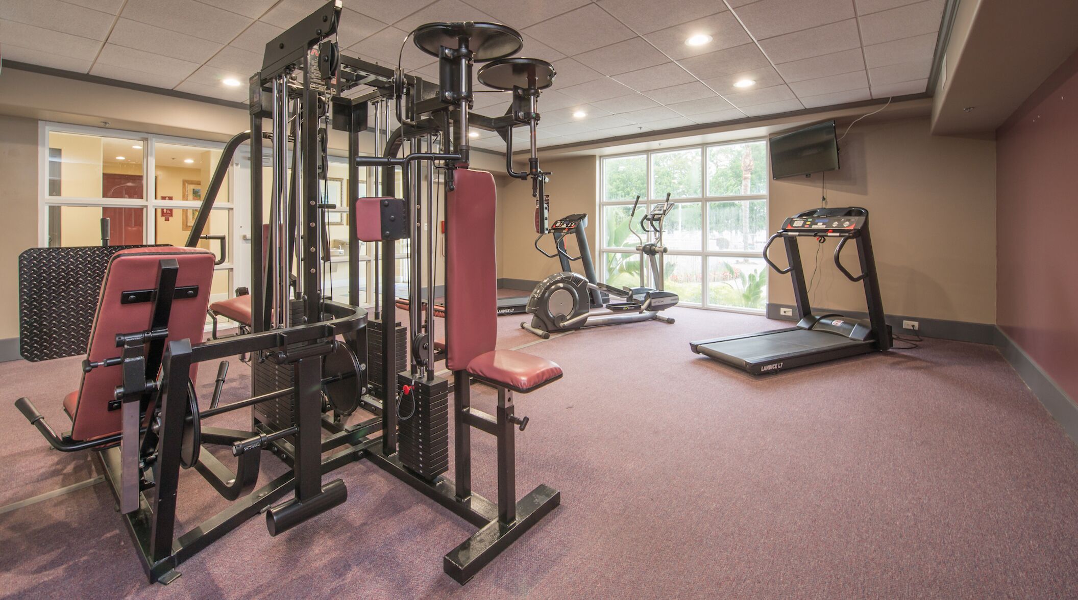 Une salle de sport équipée de divers appareils d’exercice, notamment une machine de musculation, des tapis de course et un vélo d’appartement.