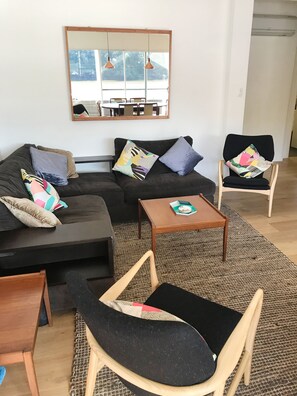 Smart TV, fireplace, DVD player, books