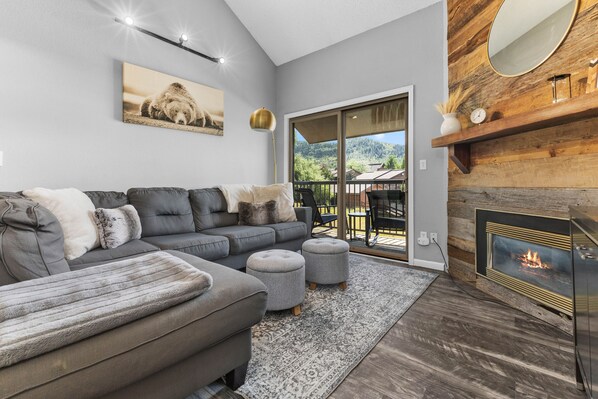 TV, fireplace, video-game console