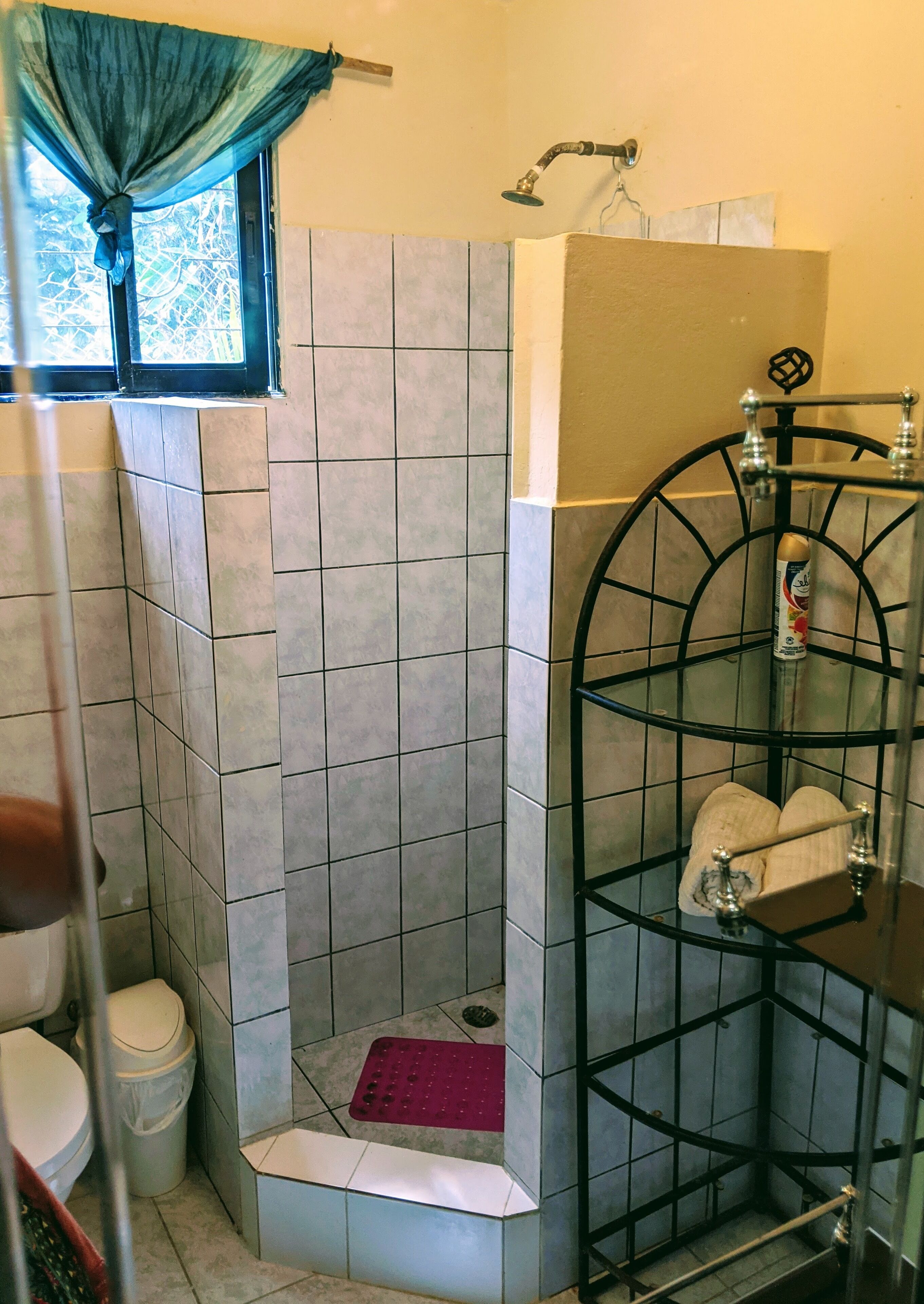 Et badeværelse med brusebad, toilet og en hylde med toiletartikler.