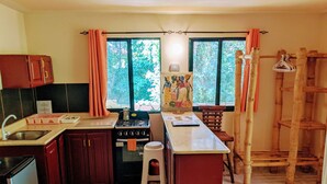A compact kitchen with a stove, sink, and a window with curtains.
