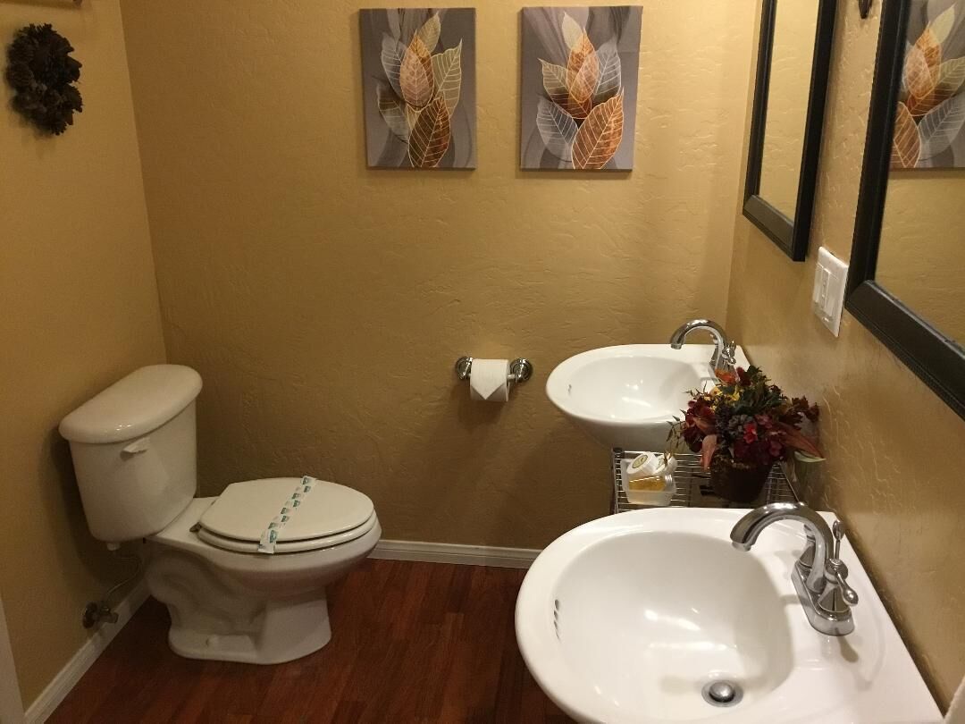 Une salle de bain équipée de toilettes, d’un bidet et d’un lavabo.