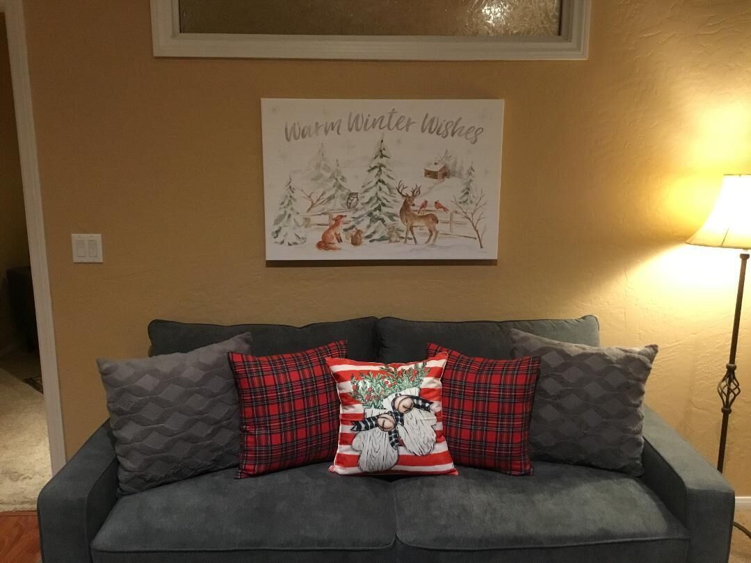 Un canapé gris agrémenté de trois coussins décoratifs, dont l’un présente un motif représentant un gnome, est placé devant un mur de couleur beige. Au-dessus du canapé, on peut voir un tableau encadré représentant un paysage hivernal, avec l’inscription « Meilleurs vœux pour un hiver chaleureux ».