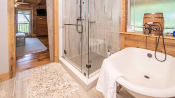 Combined shower/tub, hair dryer, towels, soap