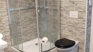 A corner bathroom with a glass-enclosed shower, a toilet, and a sink.