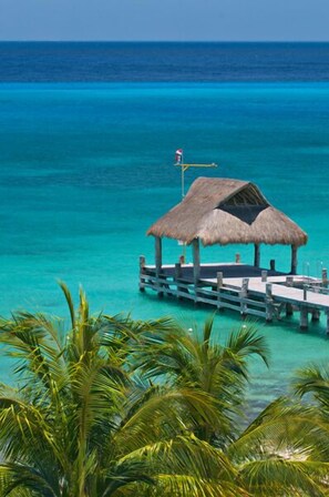 A thatched-roof hut on a wooden pier extending into turquoise waters, surrounded by palm trees.