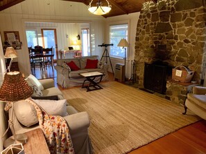 Smart TV, fireplace, DVD player, books