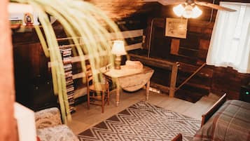 Smart TV, fireplace, DVD player, books