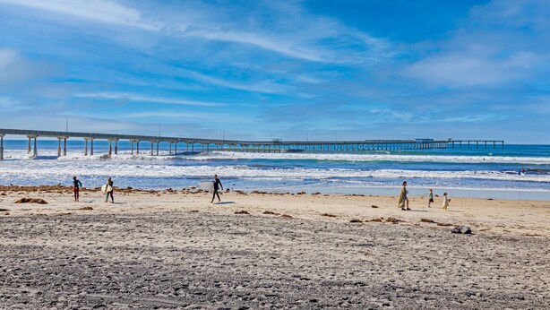 A beach with a pier extending into the ocean, sandy beach, and people walking.