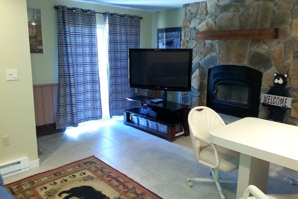 Living Room with Real Wood Burning Fireplace