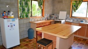 Una cuina petita amb taulell de fusta, fogó i nevera.