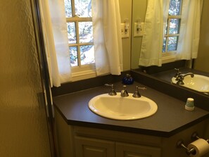 Combined shower/bathtub, hair dryer, towels, soap