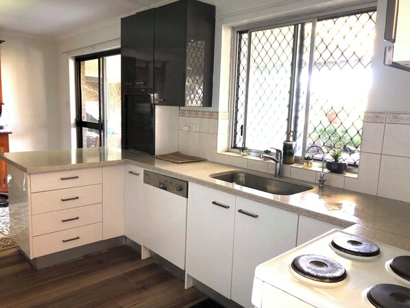 A modern kitchen with white cabinets, a stainless steel sink, and a window with a view of greenery.