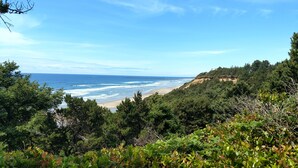 Un paisaje costero con una playa, vegetación exuberante y cielo despejado.