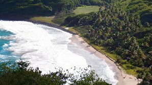 A coastal landscape with a beach, dense greenery, and a clear view of the ocean. - Elegant Villa in Private Hope Bay. Infinity Pool with Sea View. (Bequia)