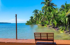 A wooden bench on a dock overlooking a calm body of water with palm trees and a clear sky. - PirateArts Experience (Bocas del Toro)