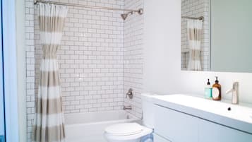 Combined shower/bathtub, hair dryer, towels, soap