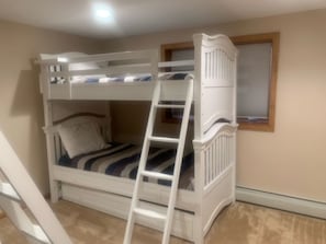 A bunk bed with a ladder, a window with blinds, and a wooden frame. - Bretton Woods White Mtn Getaway-fall foliage, mountain views & skiing await (Bretton Woods)