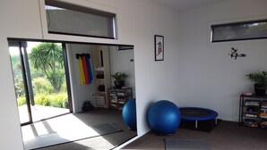 Quarto com porta de vidro deslizante que dá para uma varanda, bolas de exercício, um trampolim e estantes com livros e um vaso de planta.
