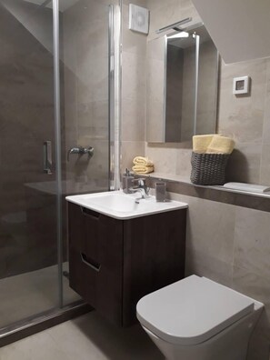 Shower, hair dryer, towels, toilet paper