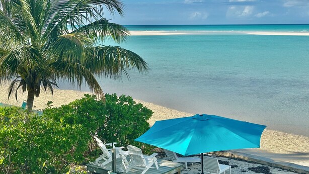 A beach with white lounge chairs, a blue umbrella, and a palm tree. - Beachfront large 2/2 on Spanish Wells' northside beach. Sun deck by the water. (Spanish Wells)