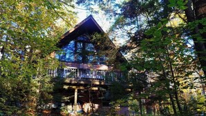 Une cabane dotée d’un balcon, entourée d’une forêt dense.