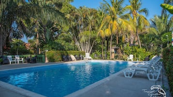 Una piscina al aire libre, sillones reclinables de piscina