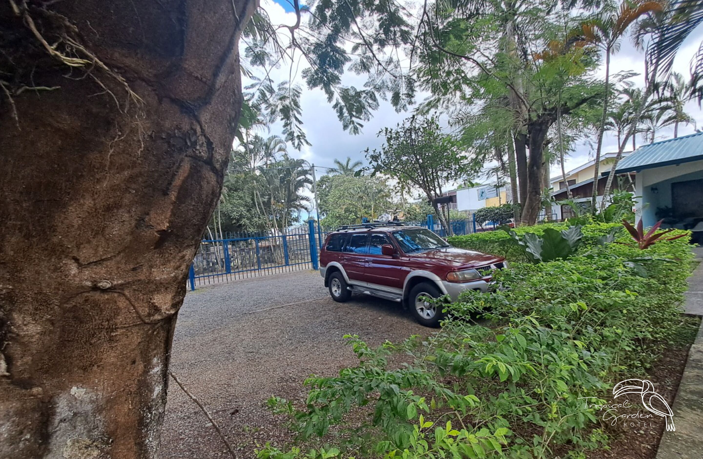 Um SUV vermelho estacionado numa entrada com cerca azul e vegetação exuberante.
