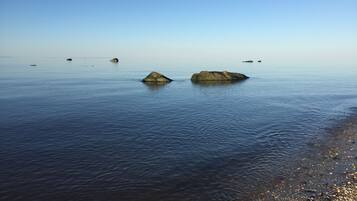 On the beach, sun-loungers, beach towels