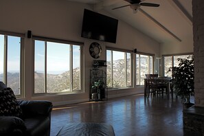 TV, DVD player, video library, stereo