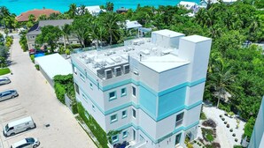 Un hôtel à plusieurs étages doté d’une terrasse sur le toit, entouré d’une végétation luxuriante et offrant une vue sur l’océan.