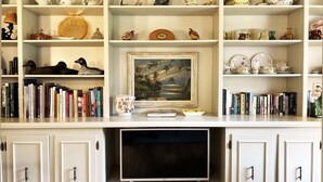 A living room with a TV, bookshelves, decorative items, and a framed painting. - Guest House at Historic Ten Horse Farm near Bainbridge and Lake Seminole (Bainbridge)