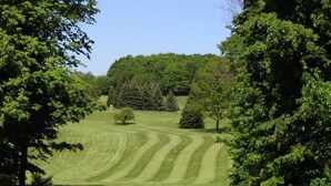 A golf course with well-manicured fairways and a forested background. - No Worries at Summit Village! (bellaire)