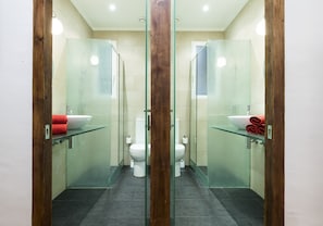 Shower, hair dryer, towels, toilet paper