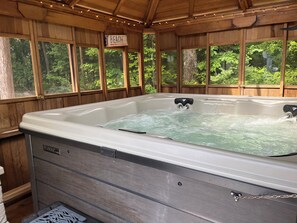 A hot tub in a wooden cabin with a 'BEACH' sign above it. - Hot tub! fishing, skiing, snowmobiling,hiking, swimming, canoeing, Wellston Mi. (Wellston)