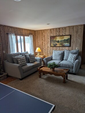 Smart TV, caminetto, lettore DVD, tavolo da ping pong