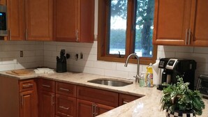 Una cocina con armarios de madera, encimera de granito, un lavabo, una ventana con vistas a árboles y una planta en maceta.