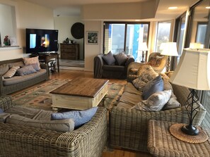 TV, fireplace, books