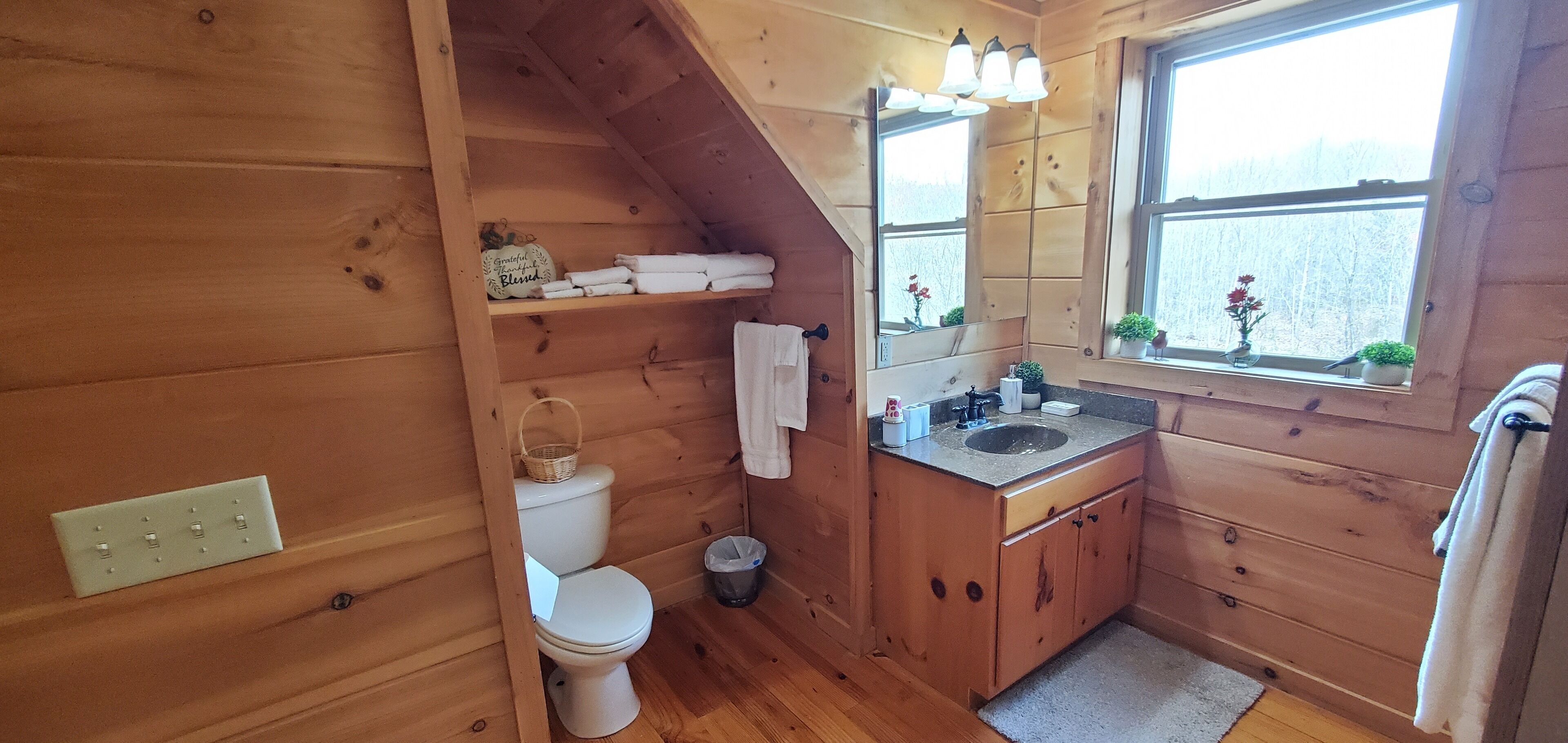 Une salle de bain rustique, aménagée dans une cabane en bois, avec des toilettes, un lavabo et une fenêtre donnant sur un paysage agréable.