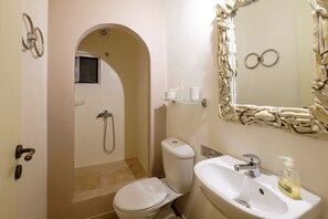 Ein Badezimmer mit Dusche, Toilette, Waschbecken und einem Spiegel mit Zierrahmen.