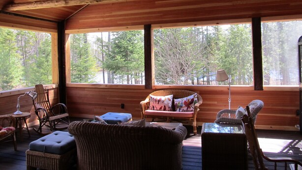 A cozy cabin interior with wooden walls, large windows offering a view of a forest, and comfortable seating including a sofa and chairs.