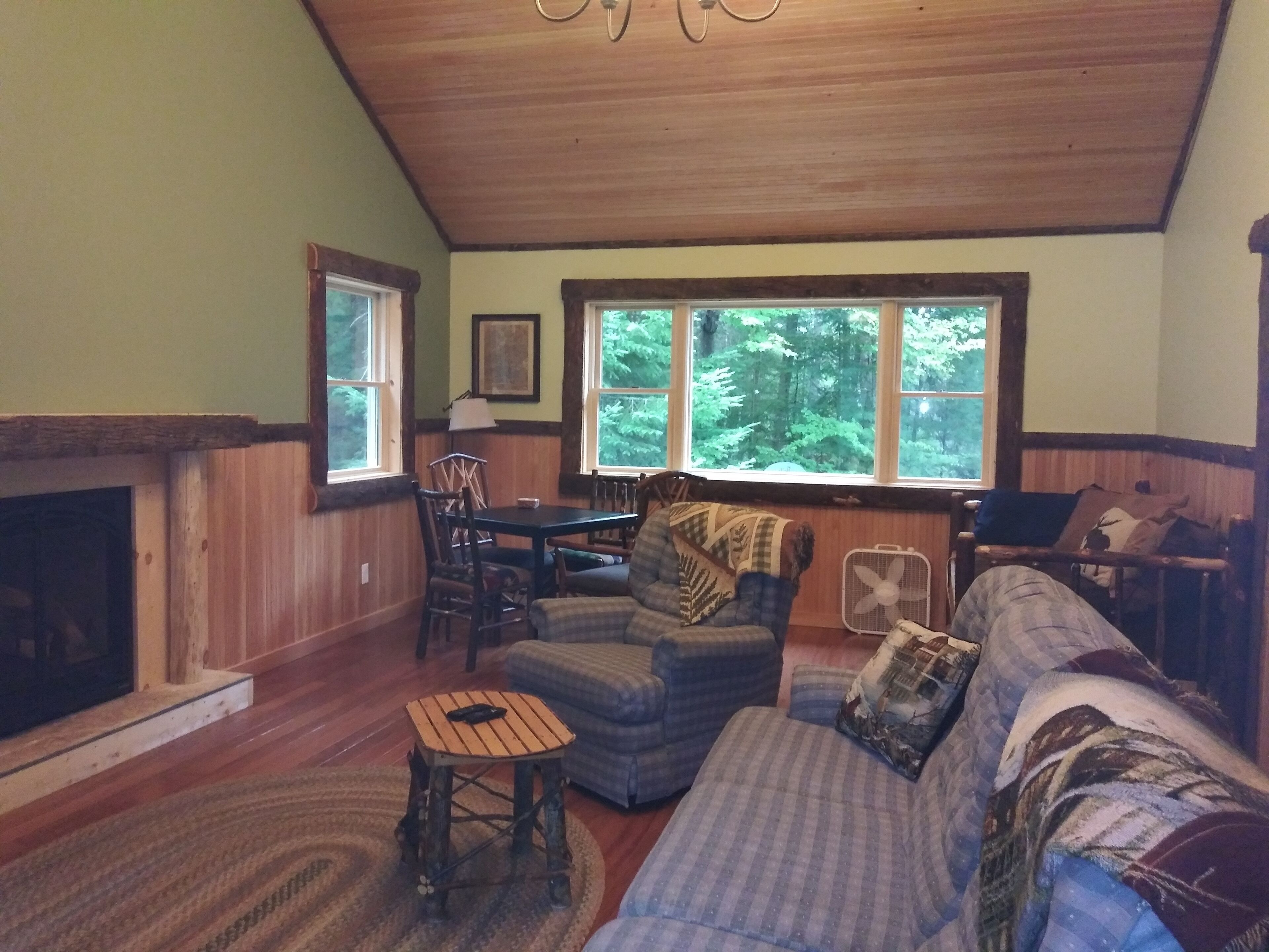 Smart TV, caminetto, lettore DVD, libri