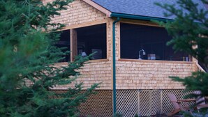A wooden cabin with large windows and a green roof, surrounded by trees.