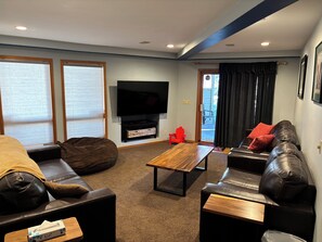 Smart TV, fireplace, video games, DVD player