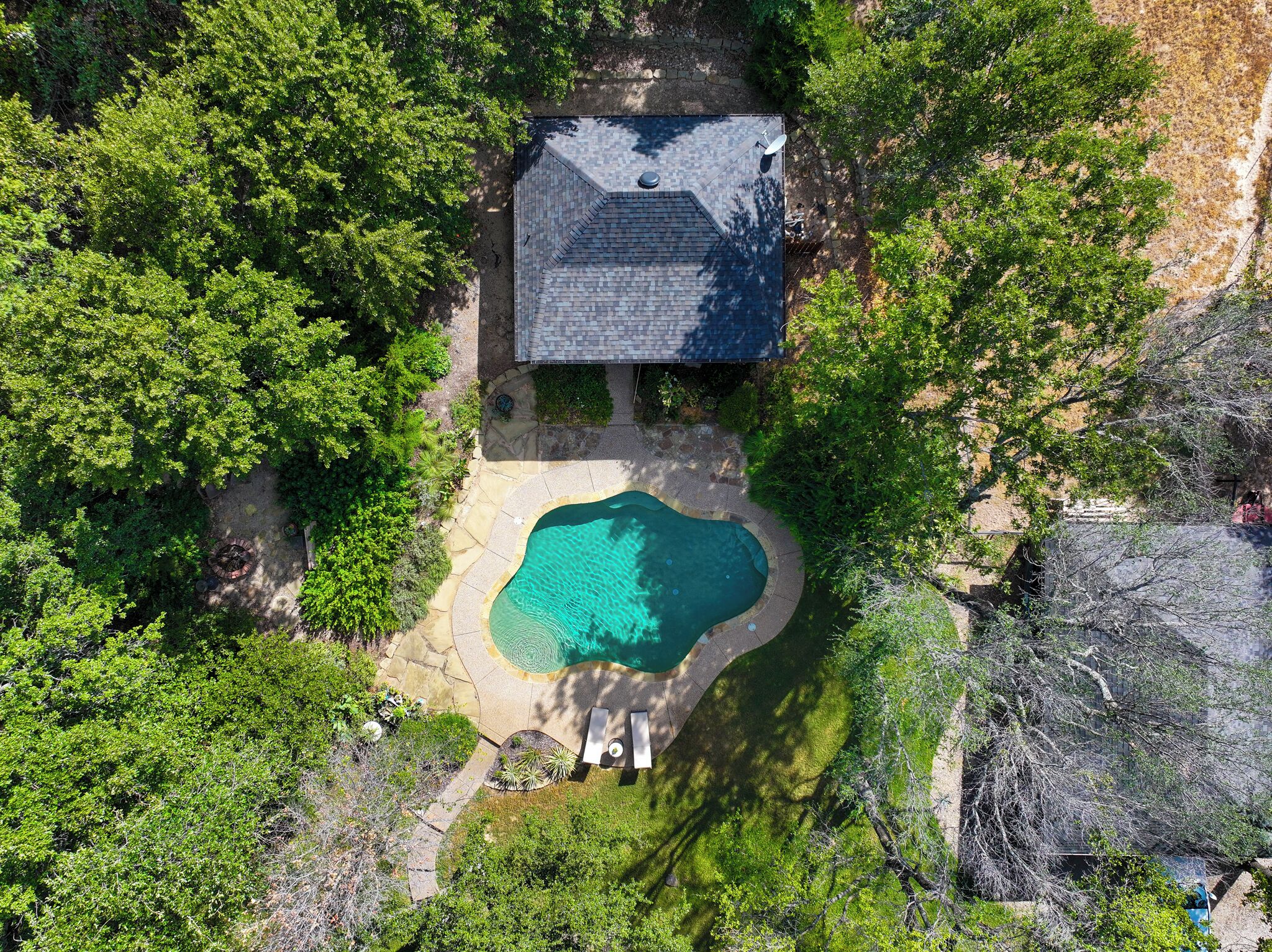 A house with a swimming pool surrounded by trees.