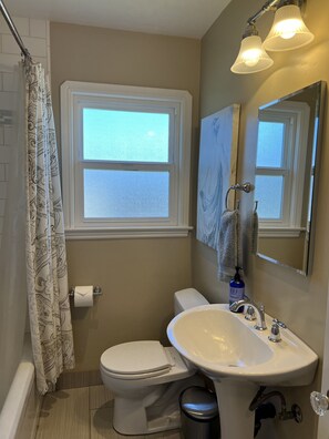 Bañera con ducha, secador de pelo, toallas, jabón