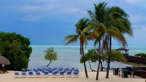 A beach with rows of blue chairs, palm trees, and a thatched-roof structure. - Ocean Front Private Beach, Pool/Hot Tub, Pool Bar, Marina with Cafe (Tavernier)