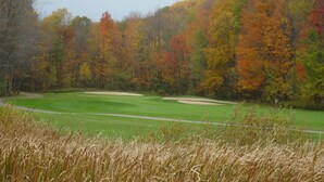 A golf course with autumn foliage and a clear sky. - 'Escape Plan'  great location for year round fun (Mancelona)