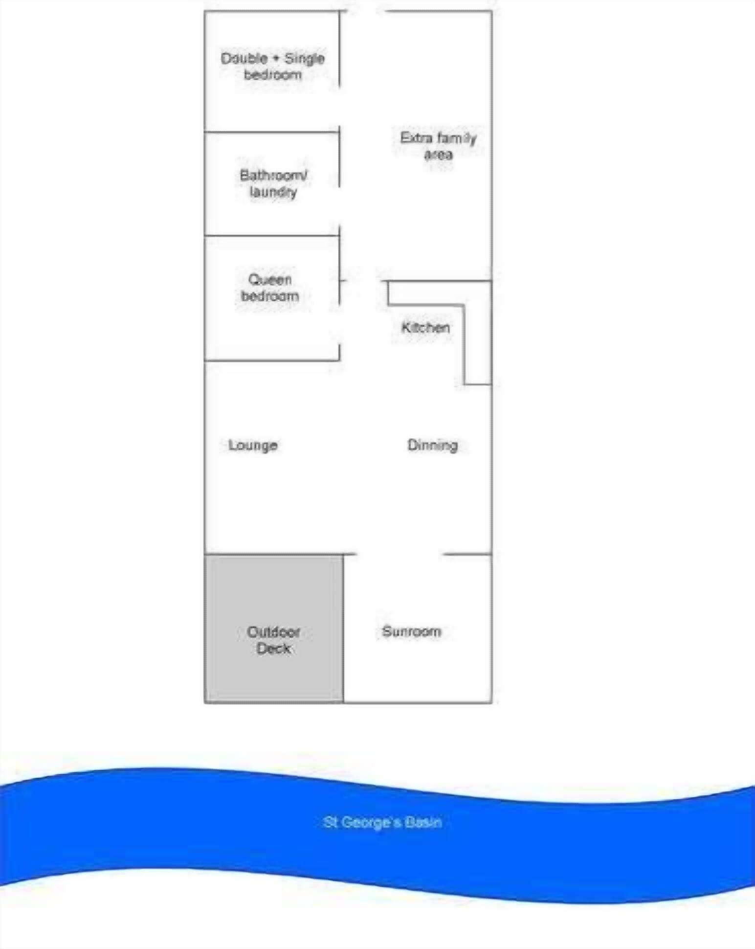 A floor plan of a hotel with a double and single bedroom, bathroom, laundry, queen bedroom, kitchen, lounge, dining, outdoor deck, and sunroom.